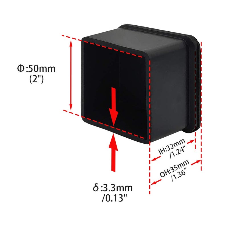 Flyshop Square Anti-Slip Rubber Leg Tips Chair Leg Caps Furniture Floor Protectors, 2-Inch x 2-Inch, 50 x 50 mm, Black, 10 PCS - Image 2